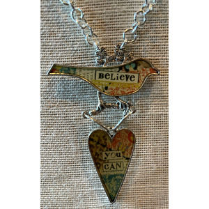 PLUNDER DESIGN-"Believe You Can" Bird & Heart Silver Necklace-About 20" Long-NEW